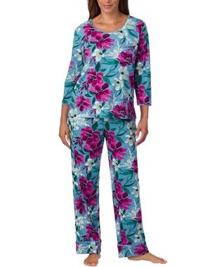 Midnight by Carole Hochman Teal Floral Lounge Pajama Set with Magenta Flowers